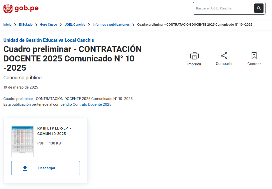 Cuadro preliminar - CONTRATACIÓN DOCENTE 2025 Comunicado N° 10 -2025